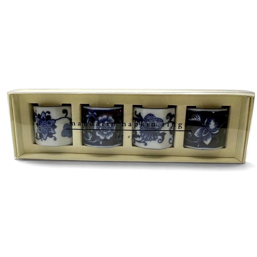 Pier 1 Imports Set of 4 Porcelain Napkin Holders Blue & White Chinoiserie NOS